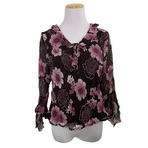 Vintage Y2K Separates Silk Floral Angel Wing Blouse Women’s Petite L Pink Brown